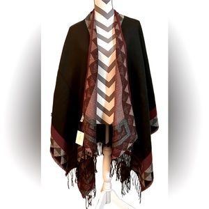 NWT Black and Red Ruana Wrap with Fringe Details